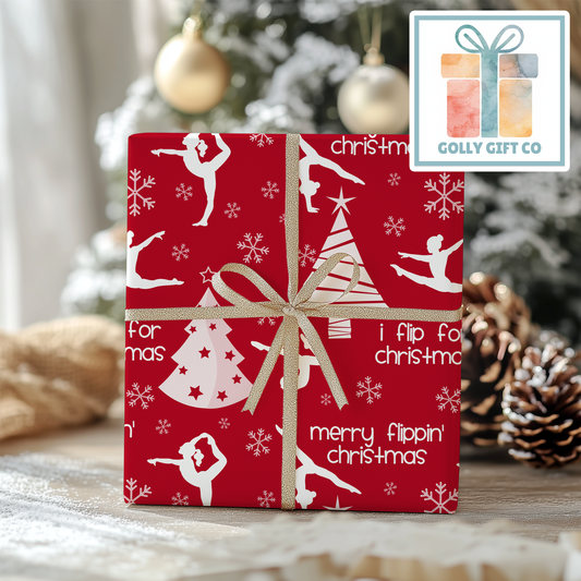 Gymnastics Christmas Gift Wrap / Girls Gymnastics Themed Wrapping Paper / Wrapping Paper for Gifts for Gymnasts - Flip For Christmas - Golly Gift Co