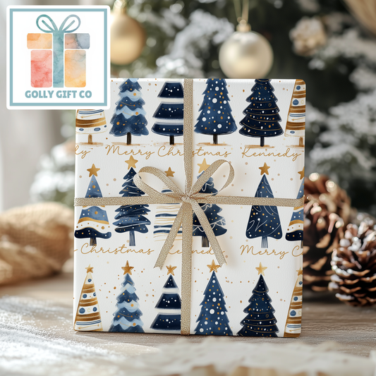 Personalized Elegant Blue Trees Christmas Wrapping Paper - Your Name Christmas Gift Wrap - Custom Gift Wrap for Christmas Gifts - Golly Gift Co