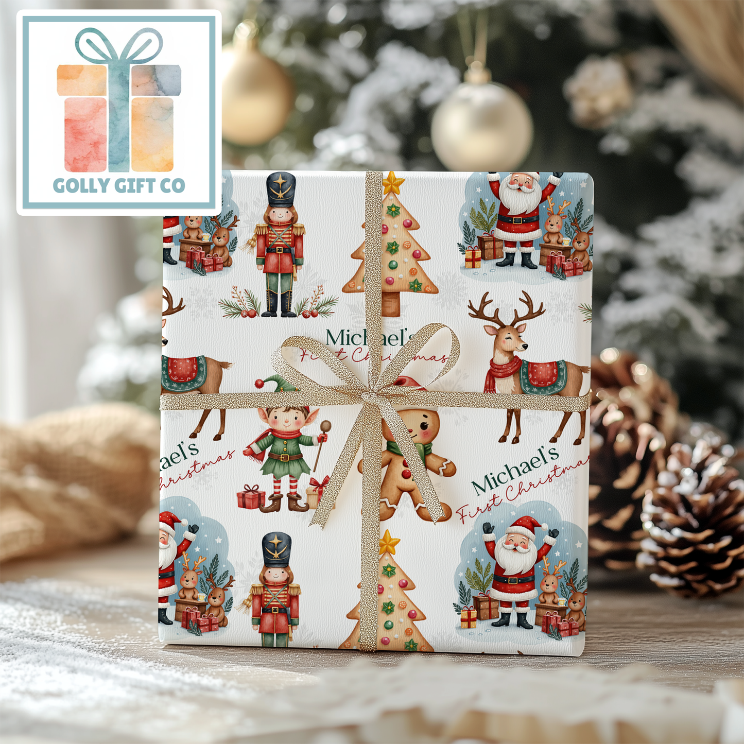 Personalized Baby's First Christmas Wrapping Paper - Your Name Christmas Gift Wrap - Baby's Name and Sweet Cute Christmas Gift Wrap - Golly Gift Co