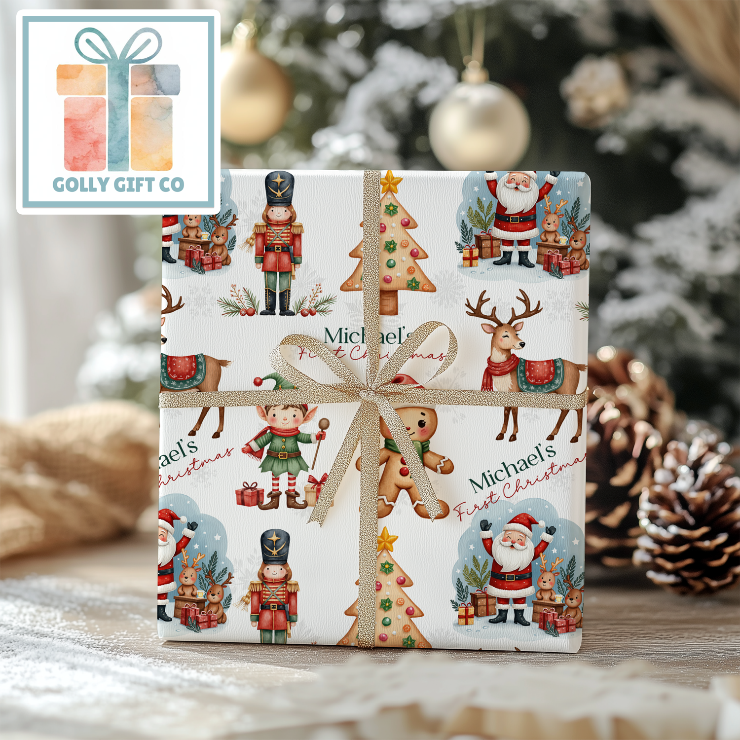 Personalized Baby's First Christmas Wrapping Paper - Your Name Christmas Gift Wrap - Baby's Name and Sweet Cute Christmas Gift Wrap - Golly Gift Co