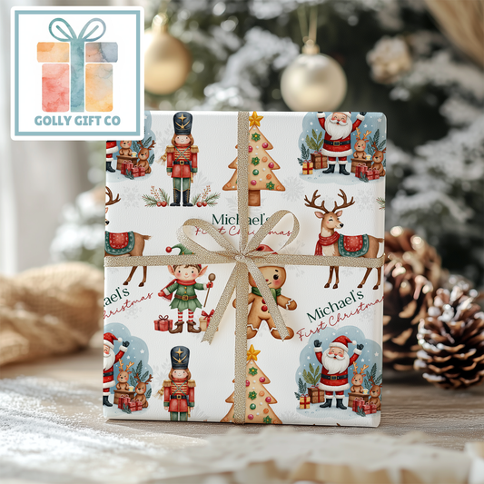 Personalized Baby's First Christmas Wrapping Paper - Your Name Christmas Gift Wrap - Baby's Name and Sweet Cute Christmas Gift Wrap - Golly Gift Co