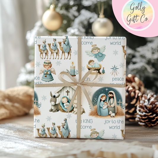 Cute Nativity Christmas Gift Wrap / Jesus' Birth Themed Wrapping Paper / Wrapping Paper for Christmas with a Blue Nativity Scene