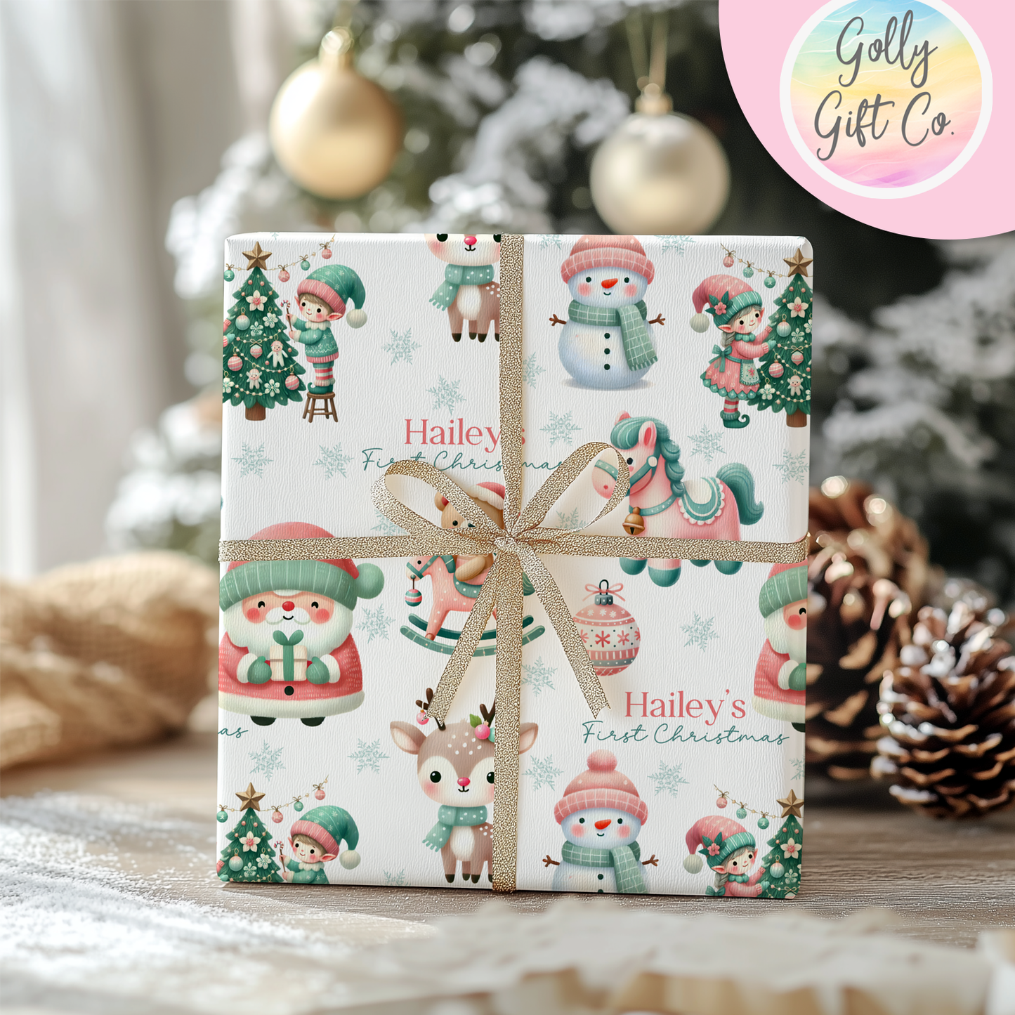 Personalized Baby's First Christmas Wrapping Paper - Your Name Christmas Gift Wrap - Baby's Name and Pink and Mint Christmas Gift Wrap