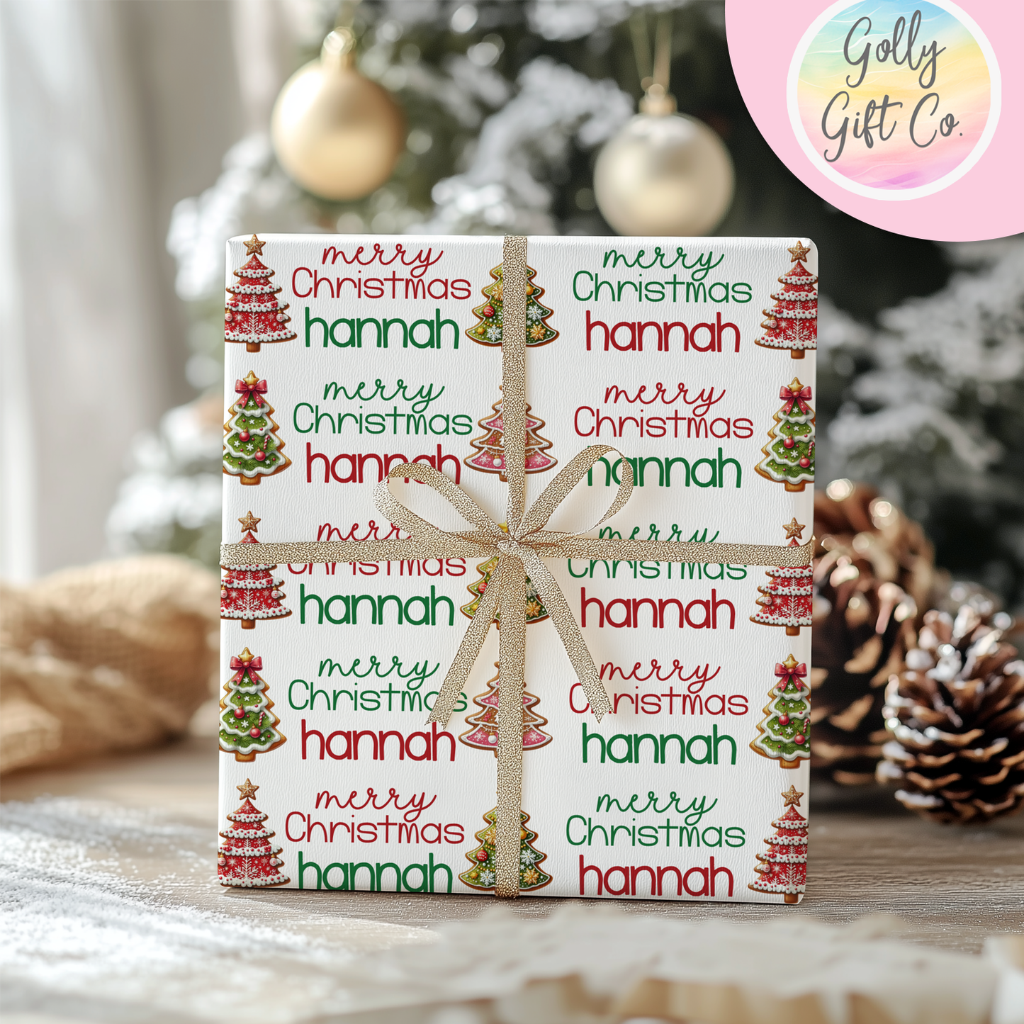 Personalized Your Name Christmas Wrapping Paper - Christmas Cookie Trees Gift Wrap - Merry Christmas Gift Wrap with Recipient Name