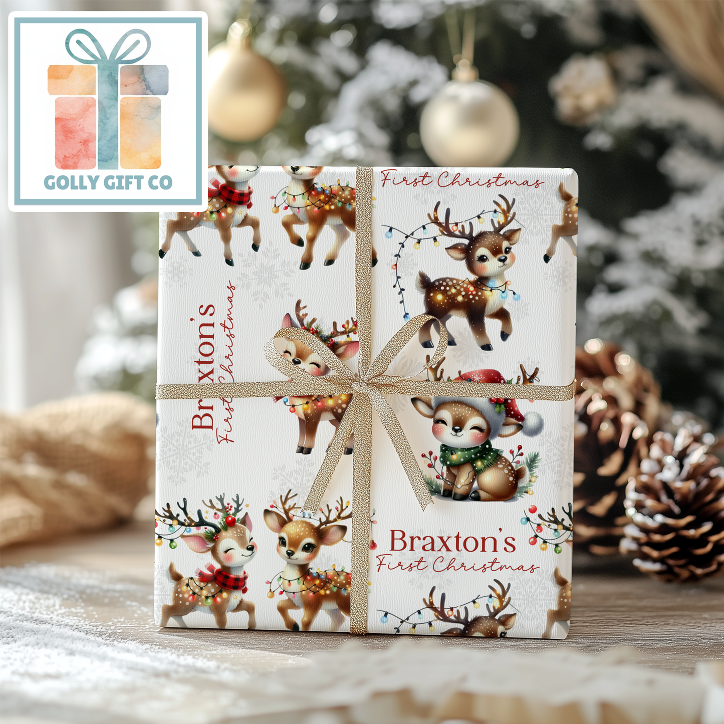Personalized Baby's First Christmas Wrapping Paper - Your Name Christmas Gift Wrap - Baby's Name and Cute Reindeers Christmas Gift Wrap - Golly Gift Co