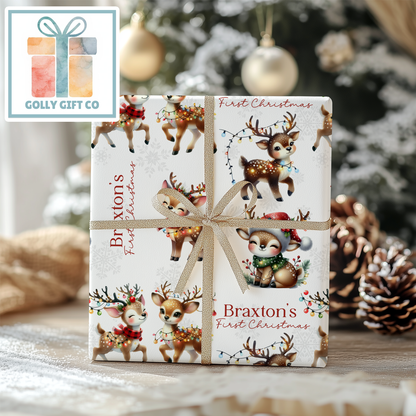 Personalized Baby's First Christmas Wrapping Paper - Your Name Christmas Gift Wrap - Baby's Name and Cute Reindeers Christmas Gift Wrap - Golly Gift Co