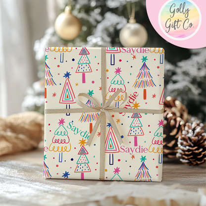 Personalized Your Name Christmas Wrapping Paper - Artistic Christmas Trees Gift Wrap - Girly Christmas Trees Gift Wrap with Recipient Name