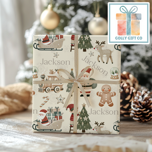 Personalized Cute Boho Christmas Wrapping Paper - Your Name Christmas Gift Wrap - Custom Gift Wrap for Christmas With Neutral Colors - Golly Gift Co