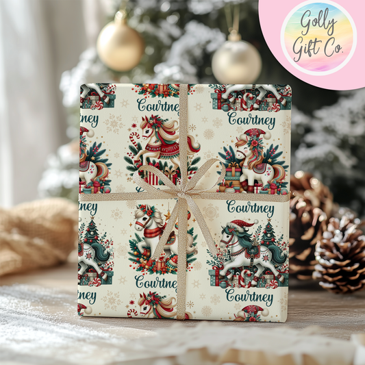 Personalized Cute Christmas Carousel Horses Wrapping Paper - Your Name Christmas Gift Wrap - Custom Gift Wrap for Christmas With Horses