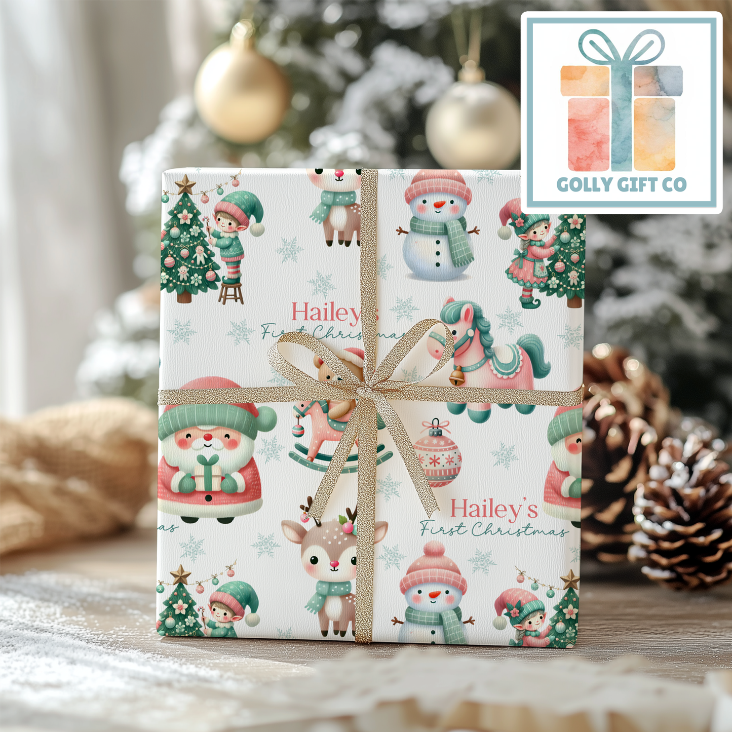 Personalized Baby's First Christmas Wrapping Paper - Your Name Christmas Gift Wrap - Baby's Name and Pink and Mint Christmas Gift Wrap - Golly Gift Co