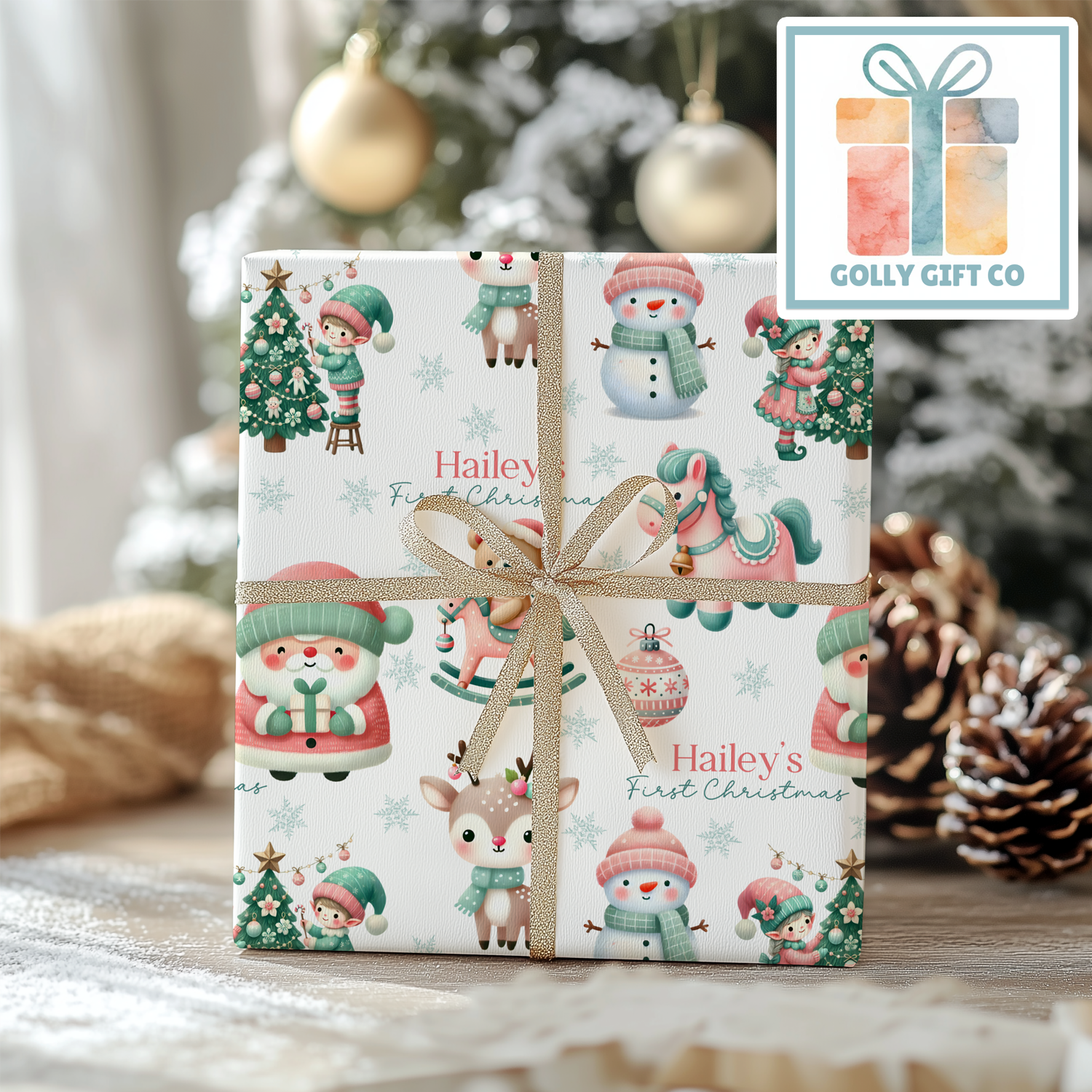 Personalized Baby's First Christmas Wrapping Paper - Your Name Christmas Gift Wrap - Baby's Name and Pink and Mint Christmas Gift Wrap - Golly Gift Co