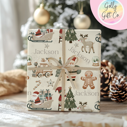 Personalized Cute Boho Christmas Wrapping Paper - Your Name Christmas Gift Wrap - Custom Gift Wrap for Christmas With Neutral Colors - Golly Gift Co