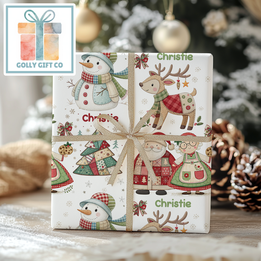 Personalized Patchwork Christmas Wrapping Paper - Your Name Christmas Gift Wrap - Custom Gift Wrap for Christmas With Santa and Mrs Claus - Golly Gift Co