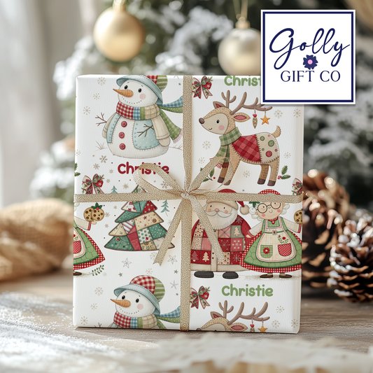 Personalized Patchwork Christmas Wrapping Paper - Your Name Christmas Gift Wrap - Custom Gift Wrap for Christmas With Santa and Mrs Claus
