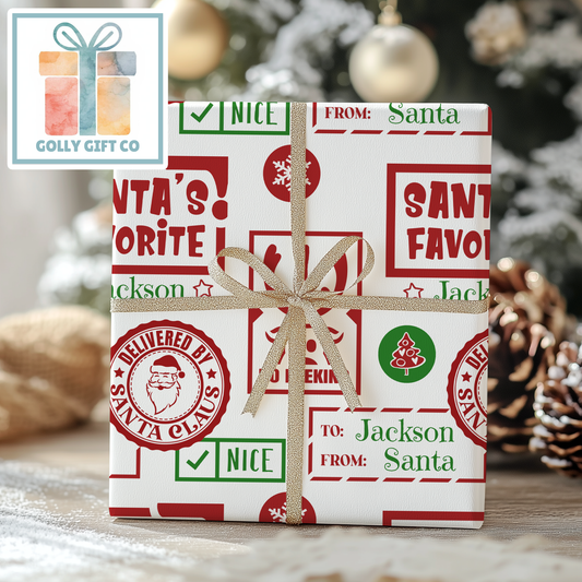 Personalized Christmas Wrapping Paper From Santa -Name Christmas Gift Wrap -Child's Name From Santa Christmas Gift Wrap -Santa's Favorite - Golly Gift Co