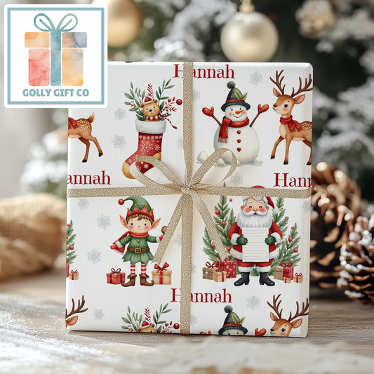 Personalized Santa and Friends Christmas Wrapping Paper - Your Name Christmas Gift Wrap - Custom Gift Wrap for Christmas - Golly Gift Co