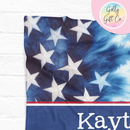 Personalized Name USA Flag Fleece Blanket - Patriotic Themed Fleece or Sherpa Throw Blanket - America Bedding - Monogrammed USA Gift