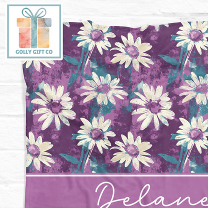 Personalized Purple Daisy Fleece Blanket with Name, Custom Floral Throw Blanket, Artistic Home Decor Gift for Her