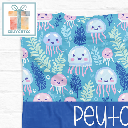 Personalized Jellyfish Fleece Blanket - Custom Name Ocean Theme Blanket for Kids