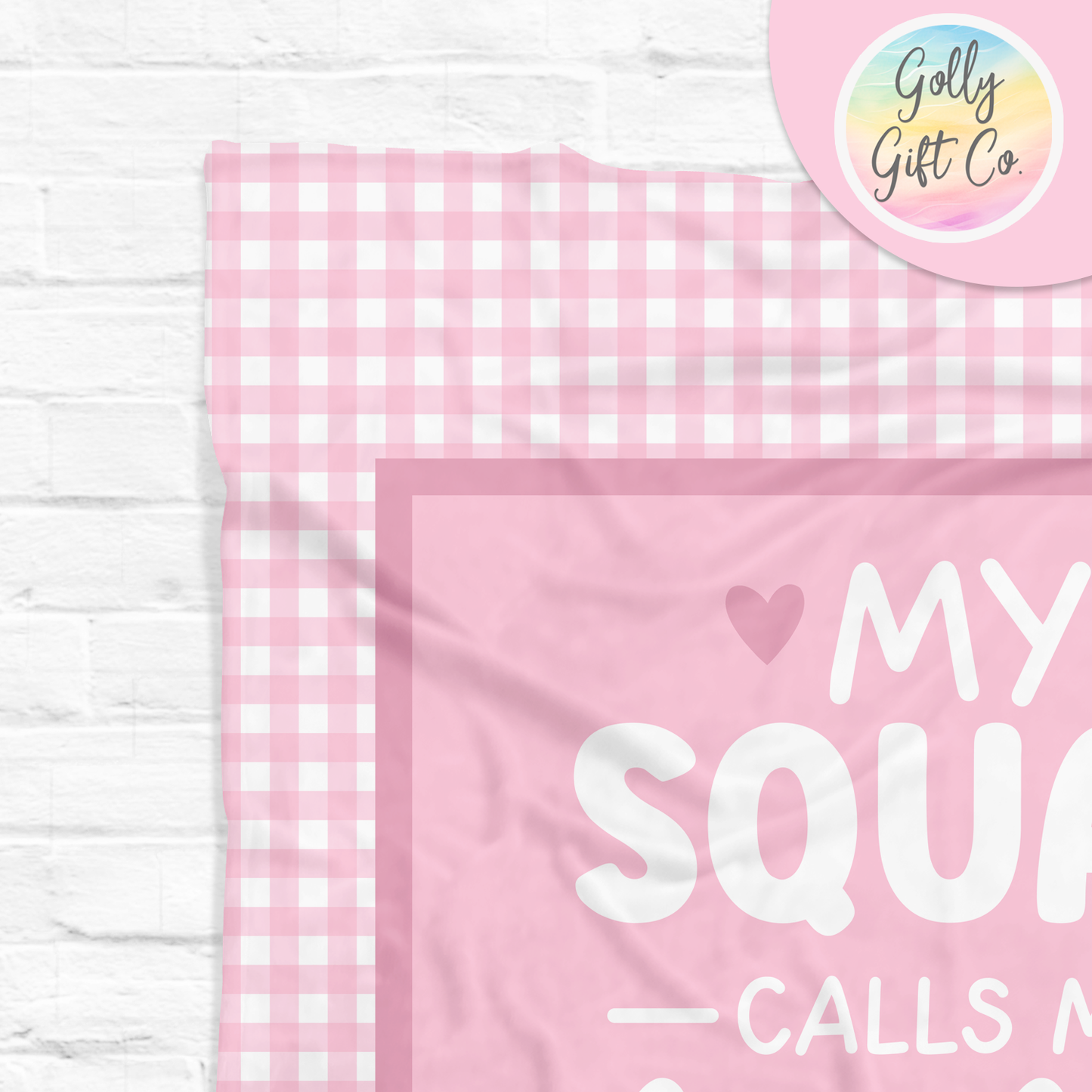 Personalized Mom Blanket with Kids Names - My Squad Calls Me Mama - Fleece Blanket Gift for Mom - Pink Gingham - Golly Gift Co