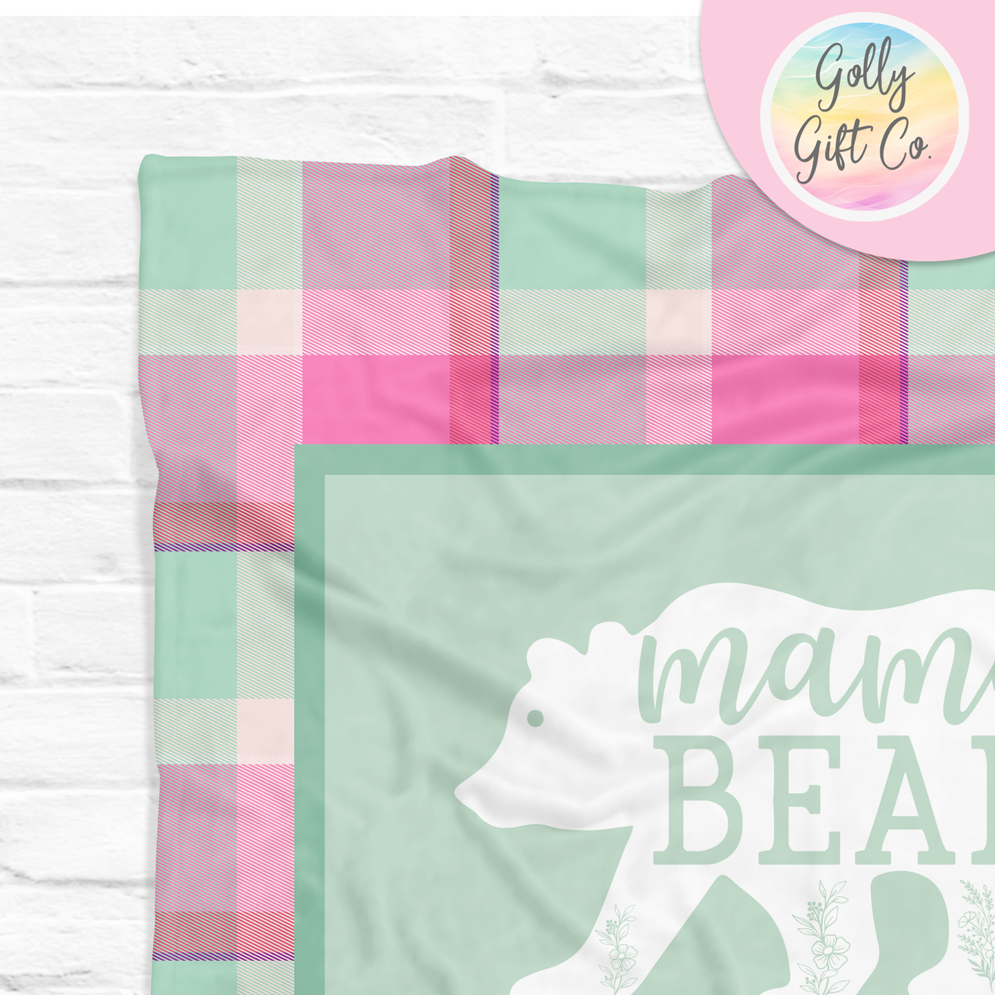 Personalized Mom Blanket with Kids Names - Mama Bear - Fleece Blanket Gift for Mom - Pink and Mint Plaid - Mother's Day Gift/Christmas - Golly Gift Co