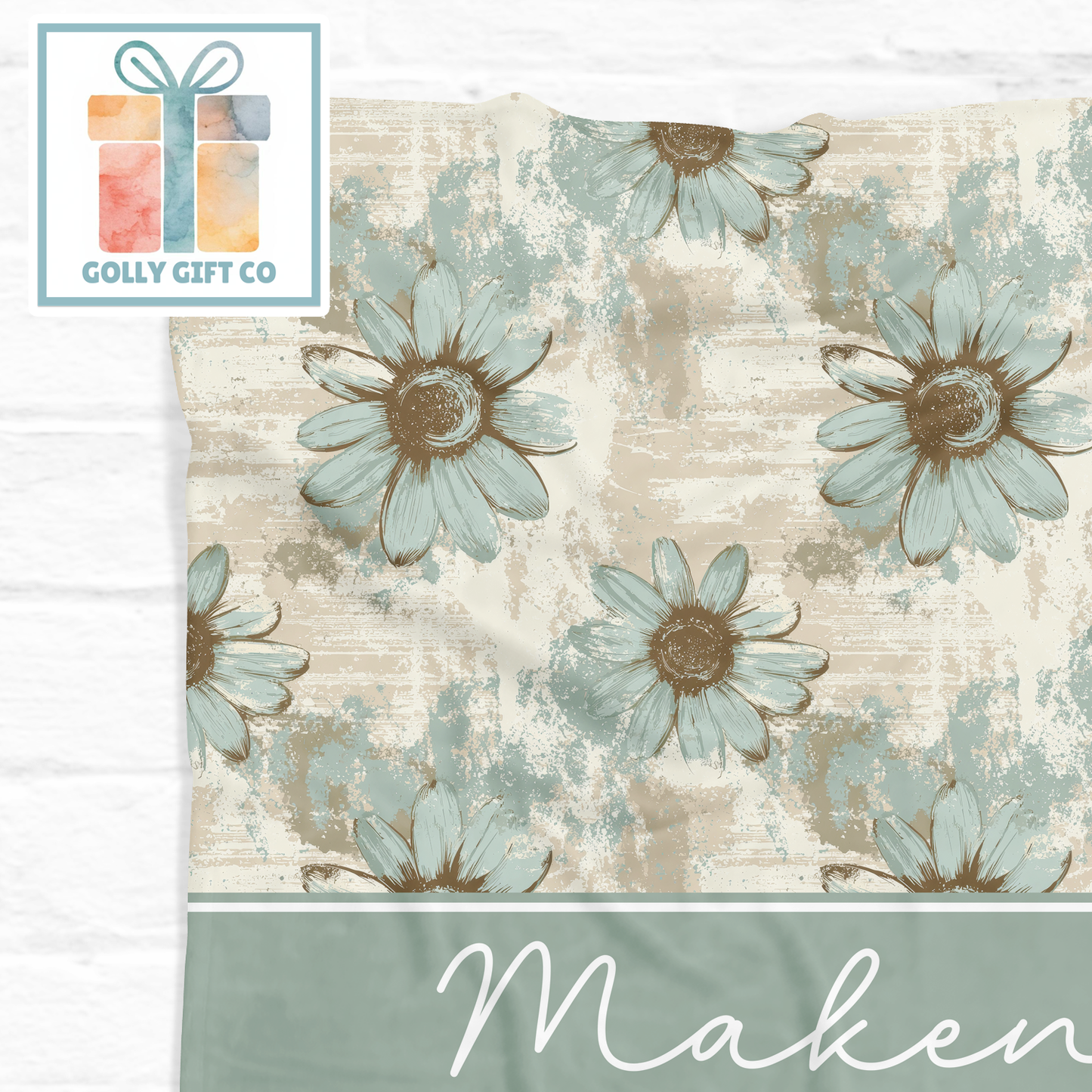 Personalized Rustic Daisy Fleece Blanket with Name, Turquoise Floral Custom Throw Blanket, Farmhouse Home Decor Gift
