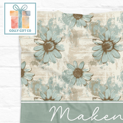 Personalized Rustic Daisy Fleece Blanket with Name, Turquoise Floral Custom Throw Blanket, Farmhouse Home Decor Gift