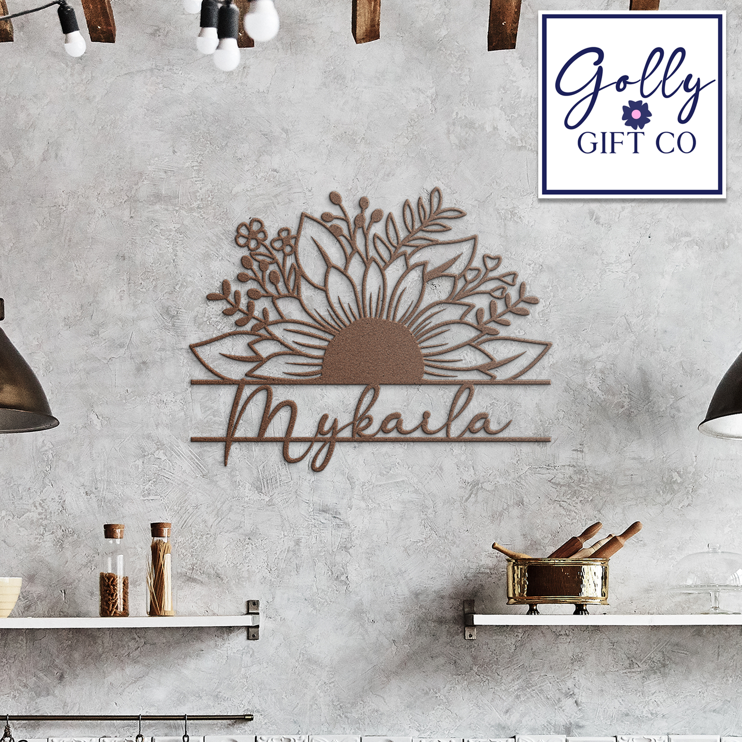 Personalized Monogrammed Die-Cut Steel Sign with Sunflower and Name - Family Name Indoor or Outdoor Metal Sign