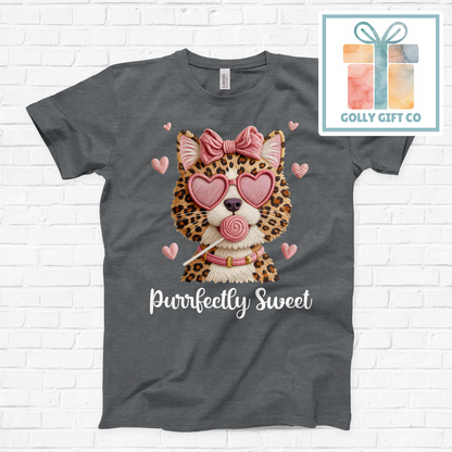 Purrfectly Sweet Leopard Cat T-Shirt - Cute Valentine's Day Graphic Tee (Bella Canvas) - Golly Gift Co