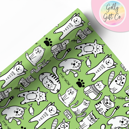 Doodle Kitties Wrapping Paper - Gift Wrap - Any Occasion Gift Wrapping Paper for Cat Lovers with Black and White Doodle Cats