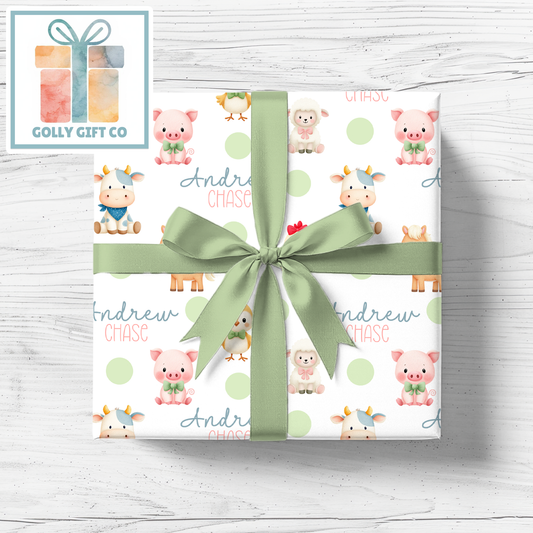 Personalized Wrapping Paper Farm Animals | Custom Name Baby Shower Gift Wrap | Kids Birthday - Pink or Green