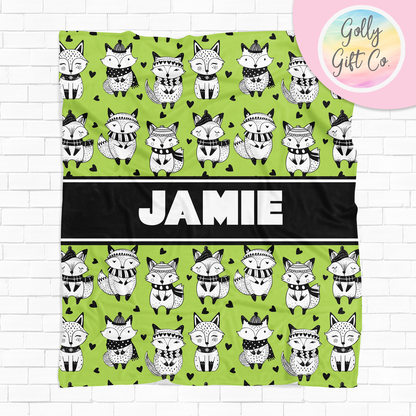 Personalized Doodle Fox Fleece Blanket / Gift for People Who Love Foxes / Customized Novelty Foxes Gift/ Your Name Blanket Fox Bedding