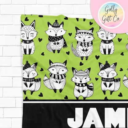 Personalized Doodle Fox Fleece Blanket / Gift for People Who Love Foxes / Customized Novelty Foxes Gift/ Your Name Blanket Fox Bedding