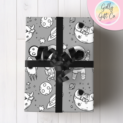 Doodle Space Astronauts Wrapping Paper - Gift Wrap - Any Occasion Gift Wrapping Paper for Space Enthusiasts with Black and White Astronauts