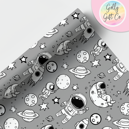 Doodle Space Astronauts Wrapping Paper - Gift Wrap - Any Occasion Gift Wrapping Paper for Space Enthusiasts with Black and White Astronauts