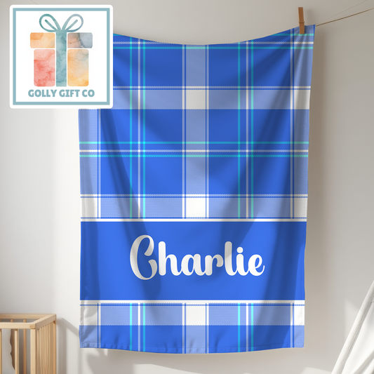 Personalized Blue Plaid Blanket - Custom Name Tartan Fleece Blanket