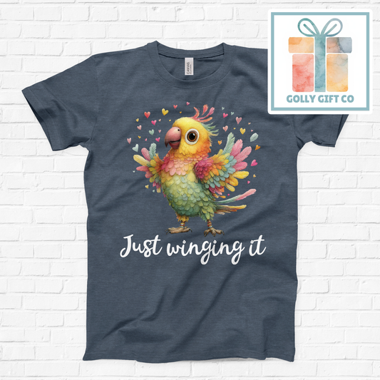 Just Winging It Parrot T-Shirt - Funny Bird Lover Graphic Tee (Bella Canvas)