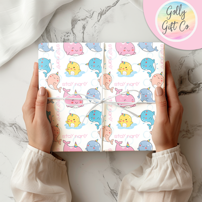 Stay Narly Adorable Narwhal Themed Wrapping Paper - Narwhal Gift Wrap For Birthday or Other Occasions - Golly Gift Co