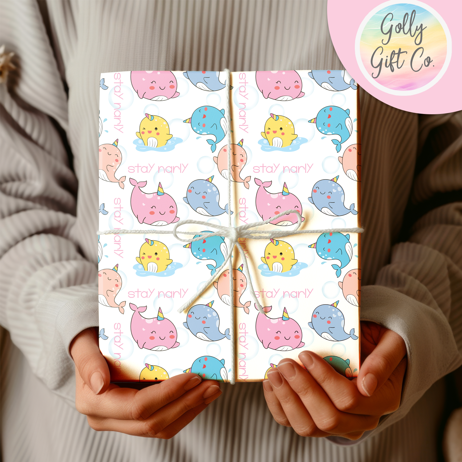 Stay Narly Adorable Narwhal Themed Wrapping Paper - Narwhal Gift Wrap For Birthday or Other Occasions - Golly Gift Co