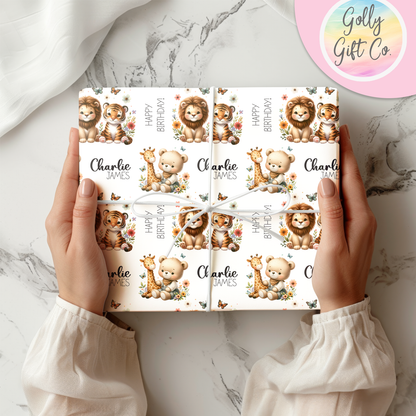 Personalized Special Occasion Wrapping Paper - Birthday - Baby Shower - Little Boy or Little Girl - Baby Animals and Teddy Bear Gift Wrap - Golly Gift Co