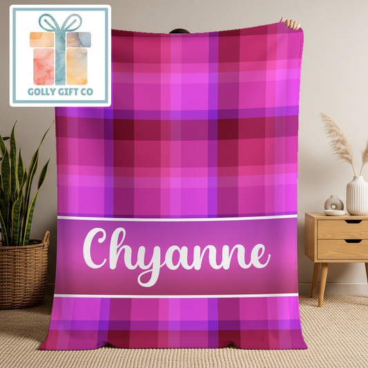 Personalized Pink and Purple Plaid Blanket - Custom Name Buffalo Check Fleece Blanket
