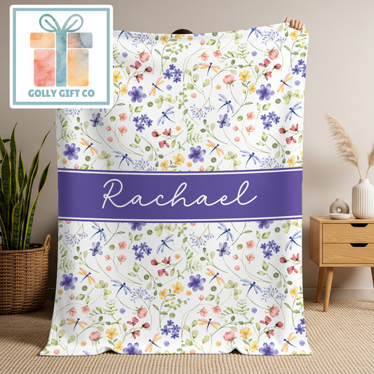 Personalized Floral Fleece Blanket | Custom Name Dragonfly Wildflower Throw | Purple Garden Blanket | Personalized Gift for Her