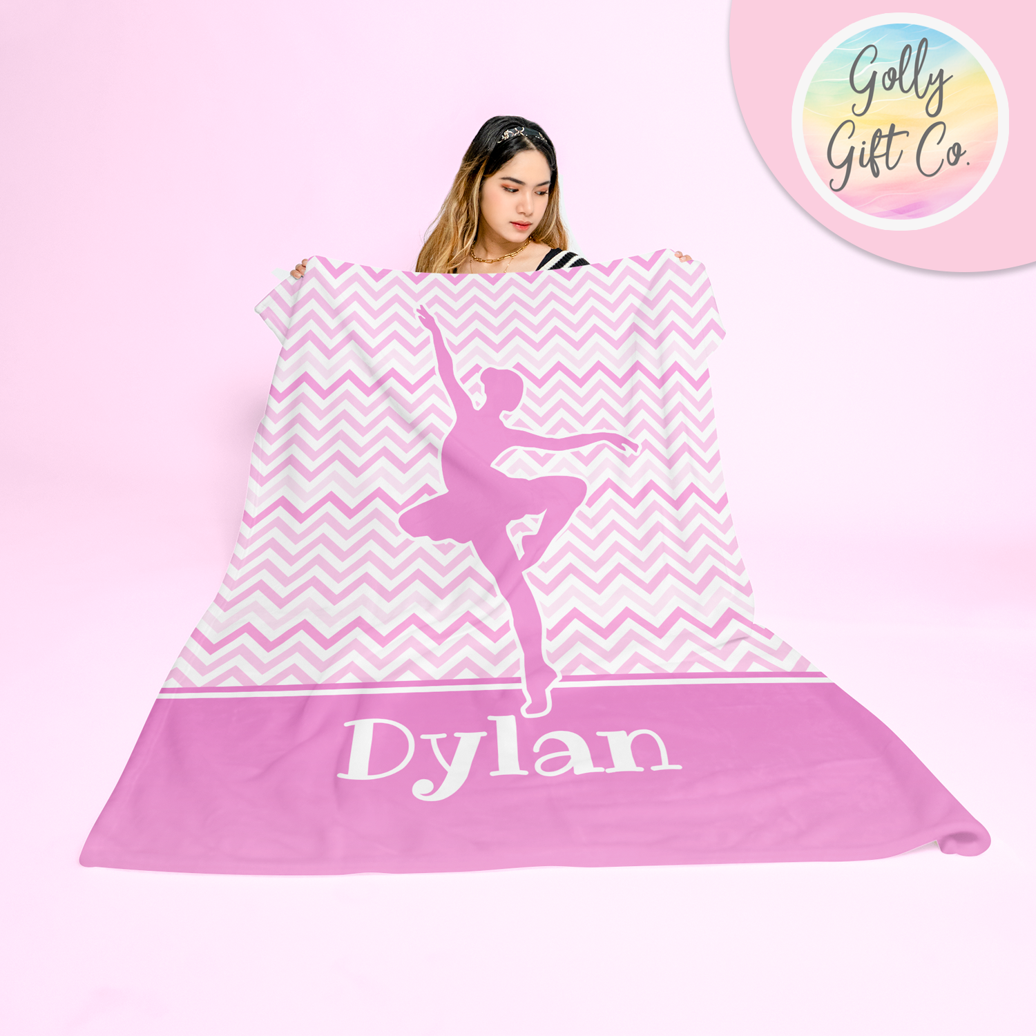 Personalized Pink Gradient Chevrons Dance Bedding - Ballerina Dance Themed Fleece or Sherpa Throw Blanket - Gift for Girl Dancer - Golly Gift Co