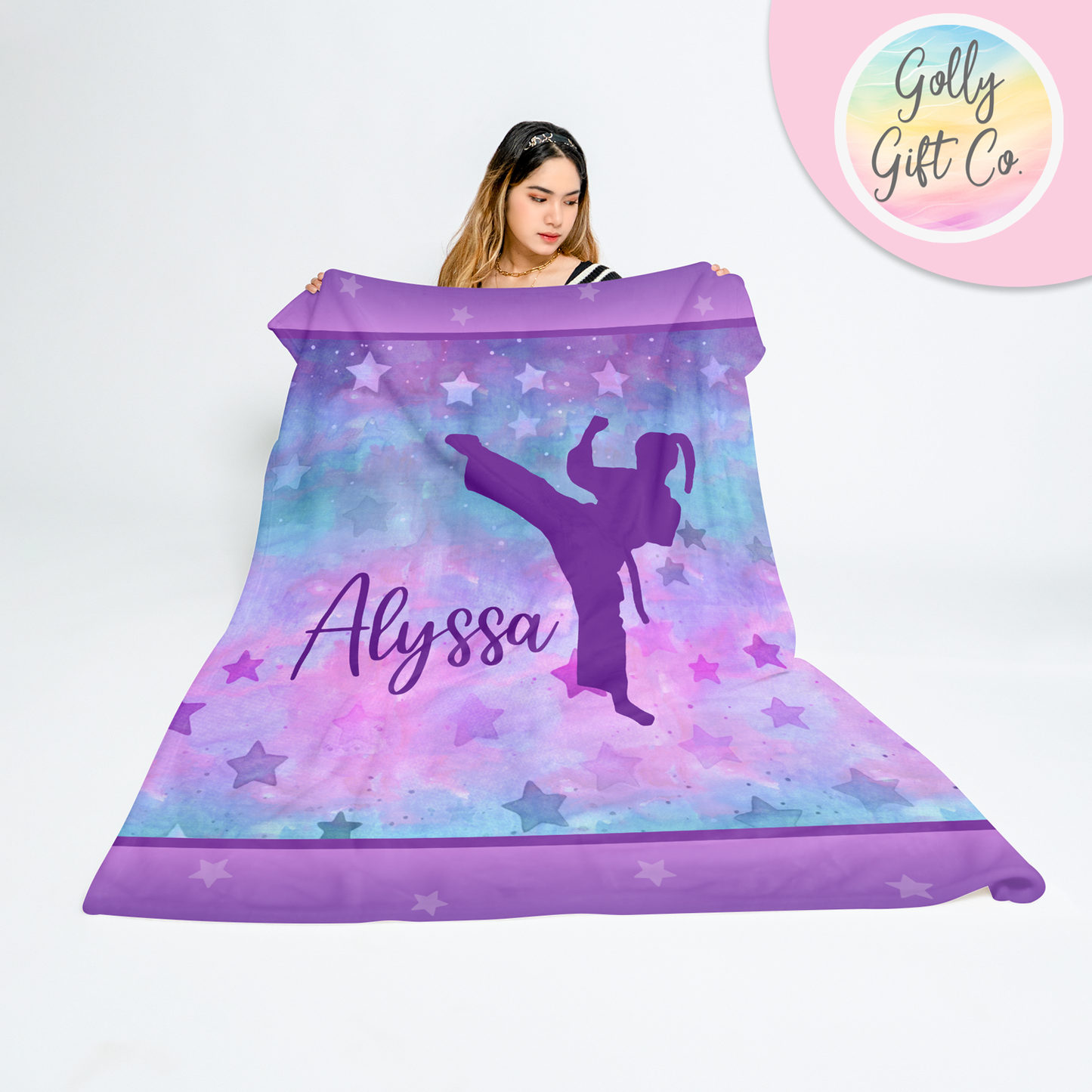 Personalized Cosmic Purple Karate Bedding - Martial Arts Themed Fleece or Sherpa Throw Blanket for Girls Who Do Martial Arts - Golly Gift Co