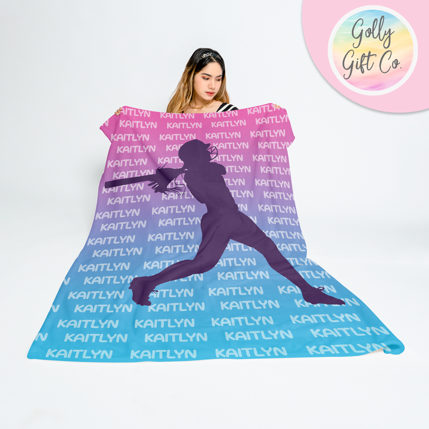 Personalized Name Shadow Gradient Softball Bedding - Softball Themed Fleece or Sherpa Throw Blanket For Girls Who Play Softball - Golly Gift Co