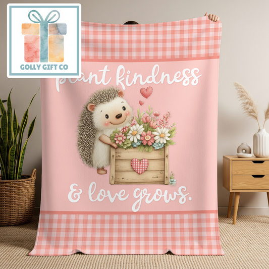 Plant Kindness Love Grows Hedgehog Fleece Blanket - Pink Gingham Throw