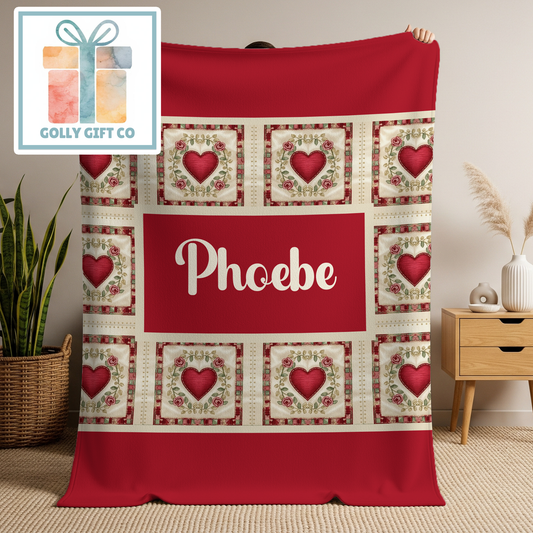 Personalized Fleece Country Patchwork Valentine Heart Blanket - Custom Name Rose Fleece Blanket Gift