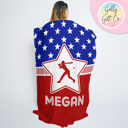 Personalized Softball Blanket - Patriotic USA Softball Fleece or Sherpa Throw Blanket - Gift for Softball Player