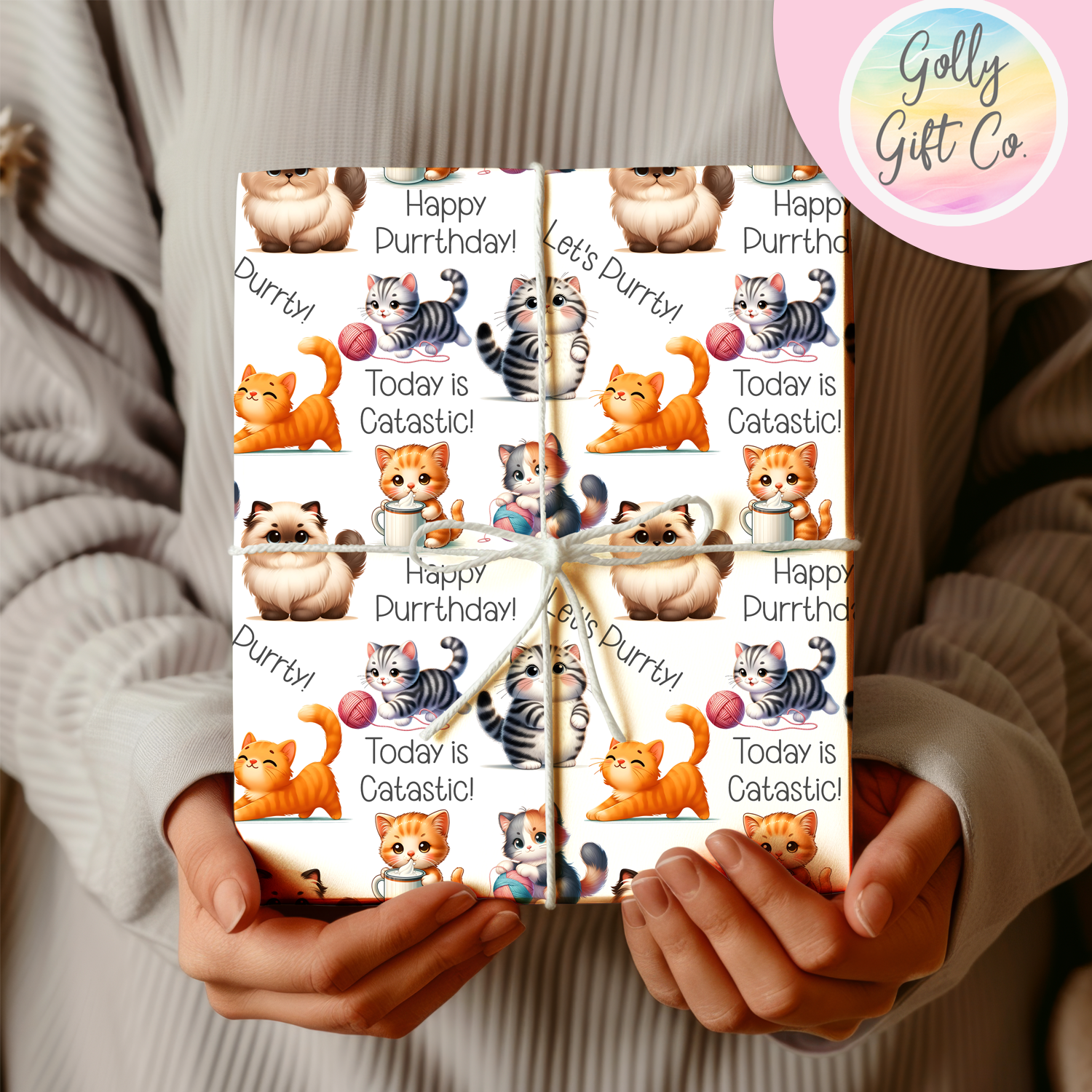 Let's Purrty Adorable Cat Wrapping Paper - Gift Wrap - Kittens and Cats Happy Purrthday Cat Puns Birthday or Other Occasion Wrapping Paper - Golly Gift Co