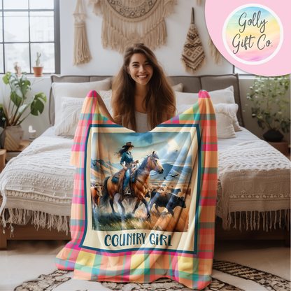 Country Girl Blanket - Country Girl Leading Cattle - Gift for Cowgirl - Fleece Blanket for Country and Western Girl - Golly Gift Co